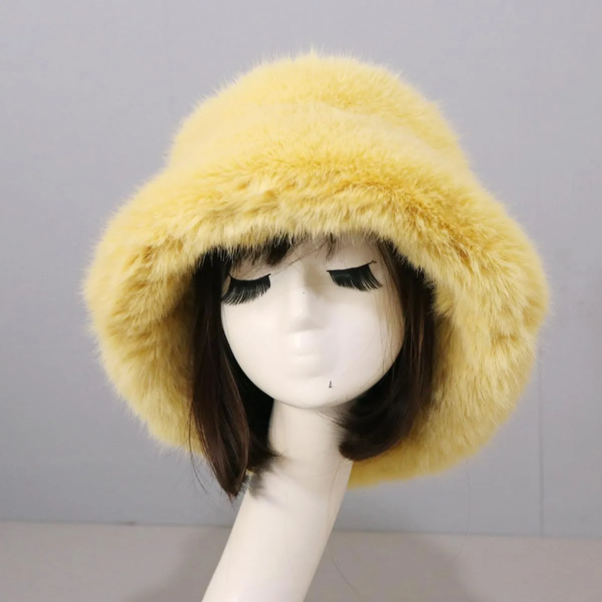 Faux Fur Bucket Hats Winter Warm Wide Brim Fisherman Cap for Women Fluffy Fuzzy Bucket Hat