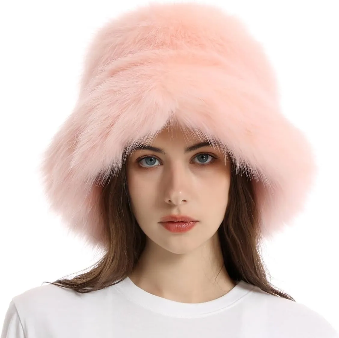 Faux Fur Bucket Hats Winter Warm Wide Brim Fisherman Cap for Women Fluffy Fuzzy Bucket Hat