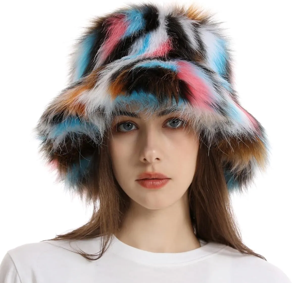 Faux Fur Bucket Hats Winter Warm Wide Brim Fisherman Cap for Women Fluffy Fuzzy Bucket Hat
