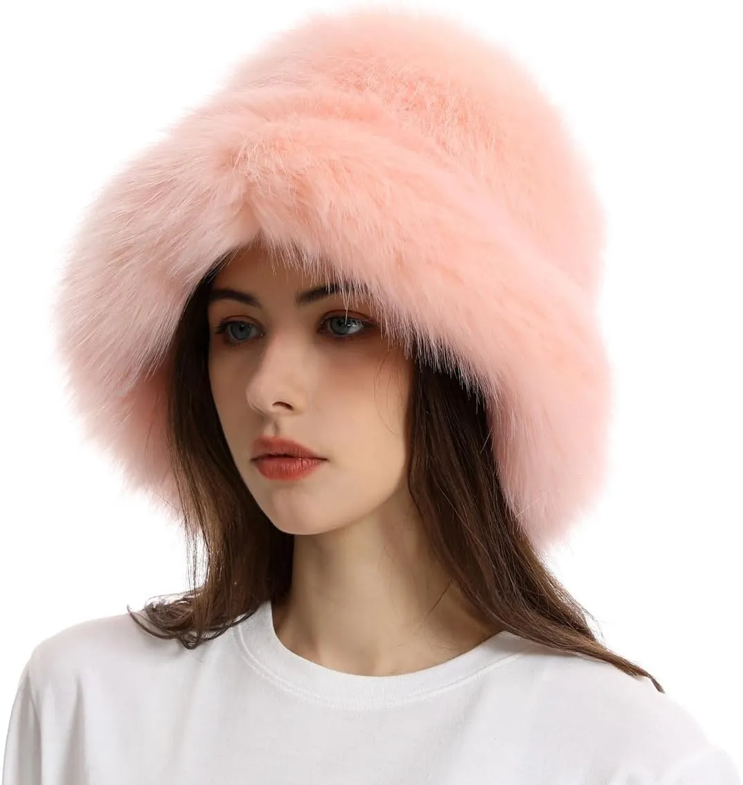 Faux Fur Bucket Hats Winter Warm Wide Brim Fisherman Cap for Women Fluffy Fuzzy Bucket Hat