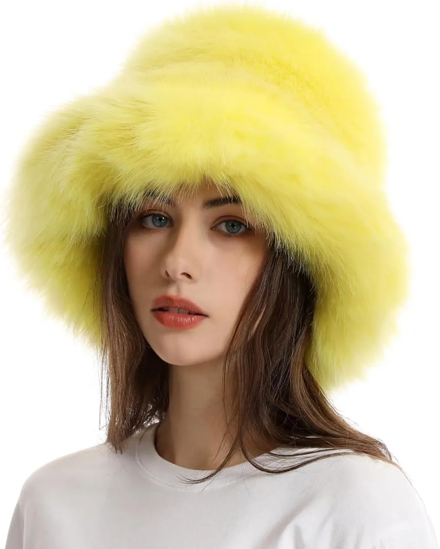 Faux Fur Bucket Hats Winter Warm Wide Brim Fisherman Cap for Women Fluffy Fuzzy Bucket Hat