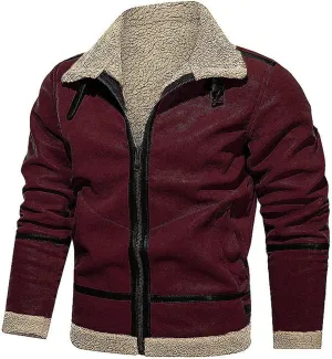 Faux Leather Men Bomber Jacket Sherpa Shearling Lining Jackets Aviator Winter Coats Sheepskin Fleece Coat for Men