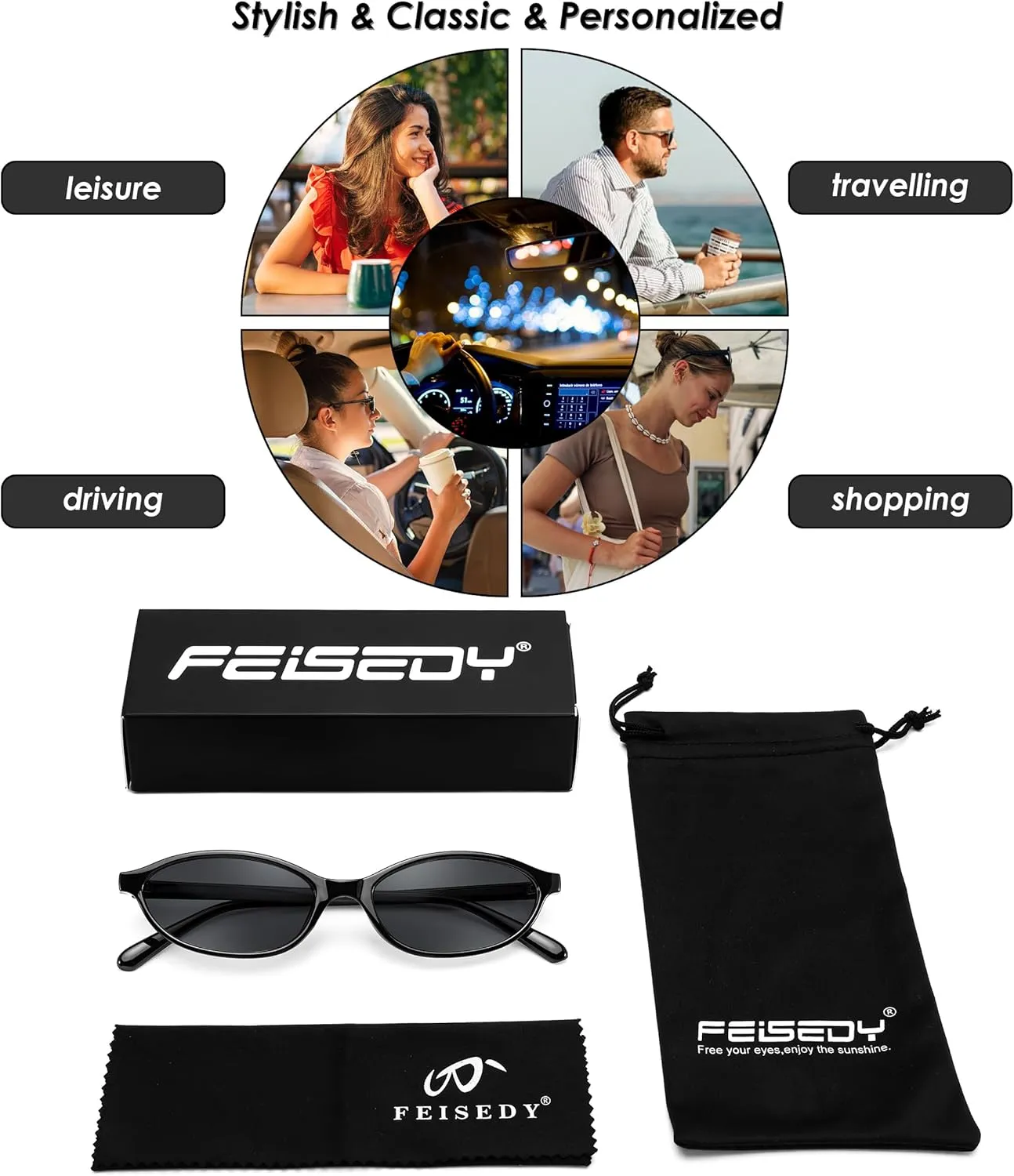 FEISEDY Retro Oval Cat Eye Sunglasses for Women 90s Narrow Lightweight Shades Y2k Trendy Sunnies B0257