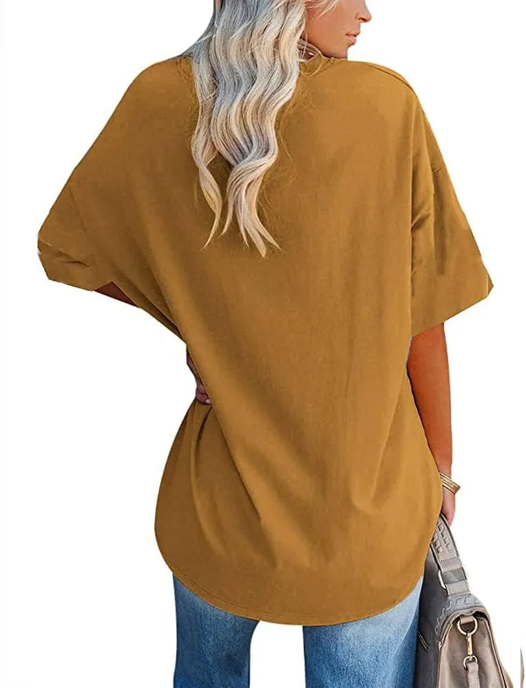 Fisoew Women's Oversized T Shirts Tees Half Sleeve Crew Neck Cotton Tunic Tops