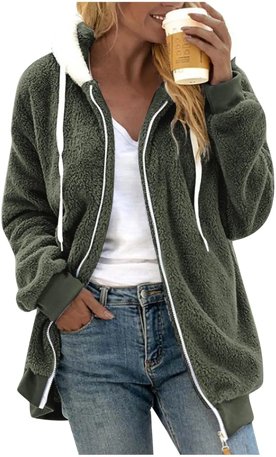 Fleece Jacket Women Plus Size Fuzzy Zip Up Sherpa Jacket Oversized Hooded Winter Coat Outerwear with Pockets