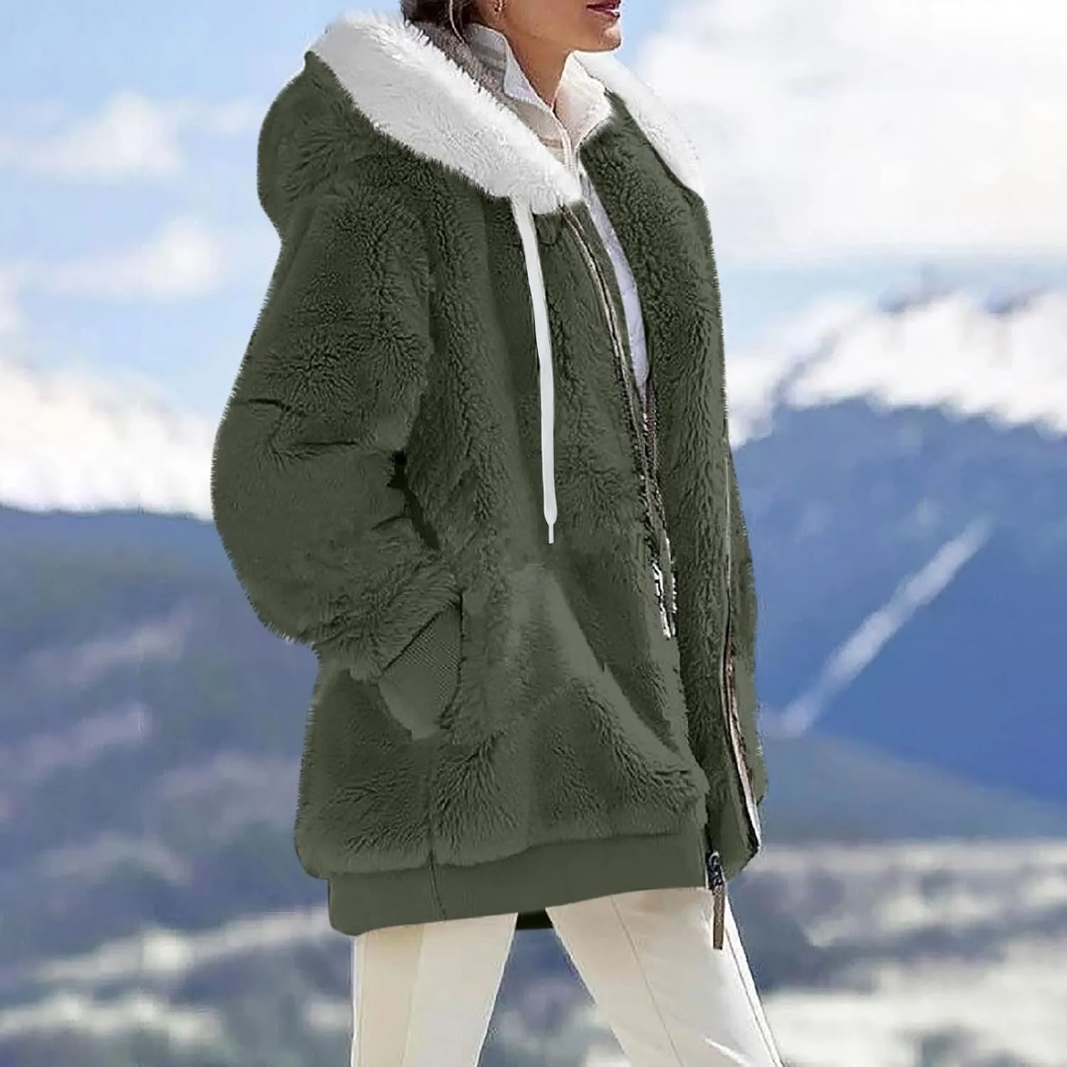 Fleece Jacket Women Plus Size Fuzzy Zip Up Sherpa Jacket Oversized Hooded Winter Coat Outerwear with Pockets