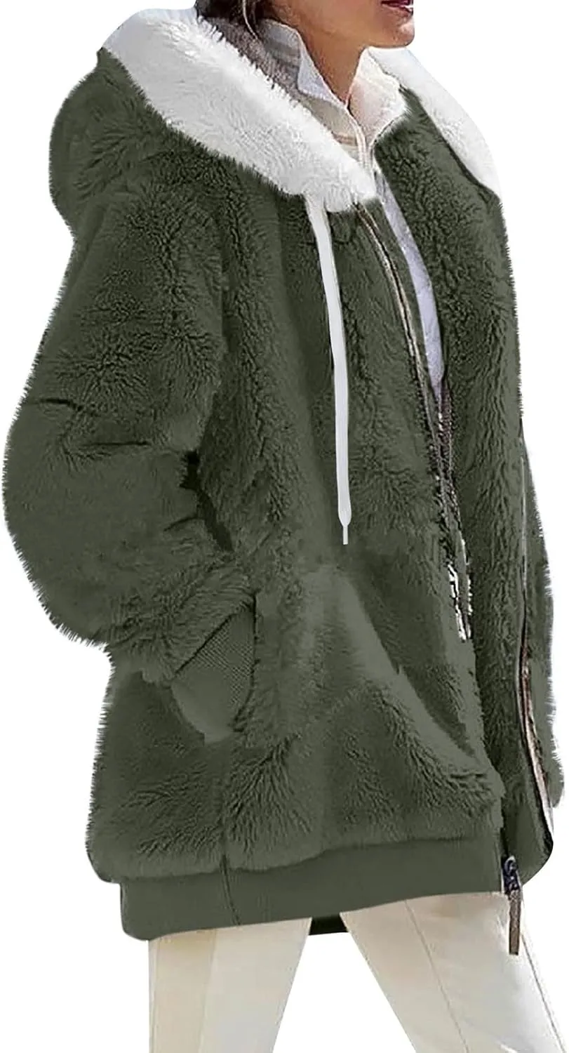 Fleece Jacket Women Plus Size Fuzzy Zip Up Sherpa Jacket Oversized Hooded Winter Coat Outerwear with Pockets