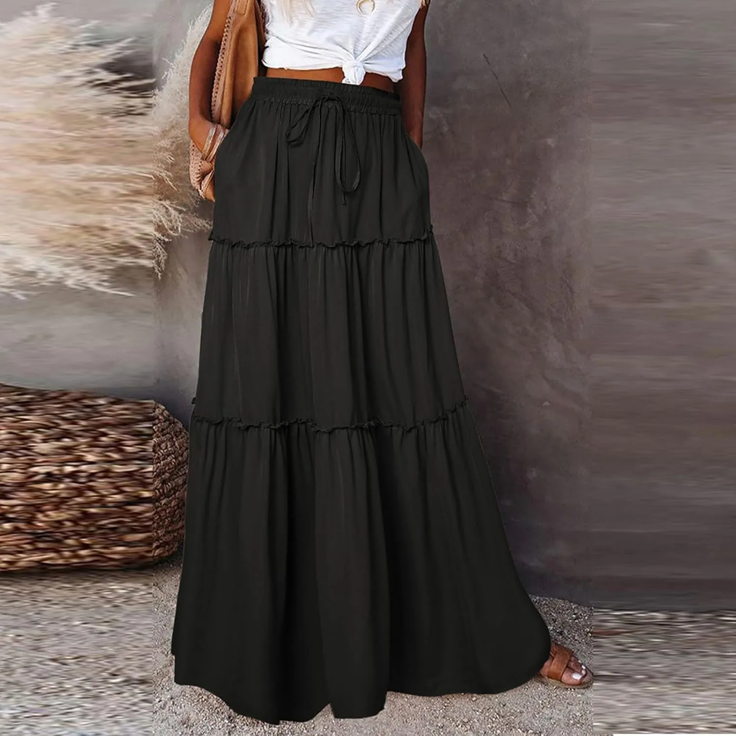 Floral Maxi Skirts for Women Trendy Summer Elastic High Waisted Long Skirts Tiered Flowy Swing A Line Skirt w/Pockets