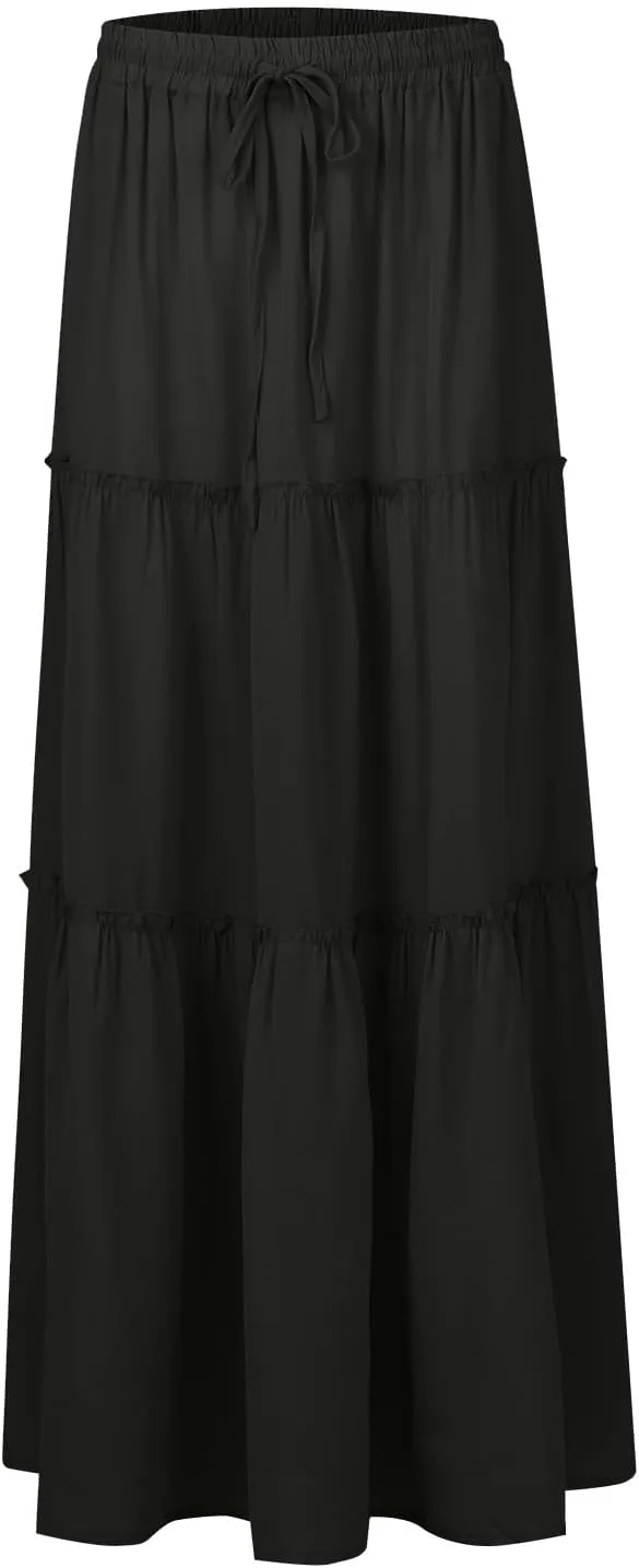 Floral Maxi Skirts for Women Trendy Summer Elastic High Waisted Long Skirts Tiered Flowy Swing A Line Skirt w/Pockets