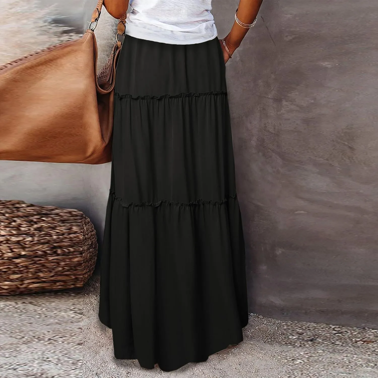 Floral Maxi Skirts for Women Trendy Summer Elastic High Waisted Long Skirts Tiered Flowy Swing A Line Skirt w/Pockets