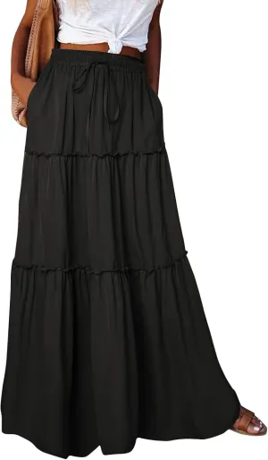 Floral Maxi Skirts for Women Trendy Summer Elastic High Waisted Long Skirts Tiered Flowy Swing A Line Skirt w/Pockets