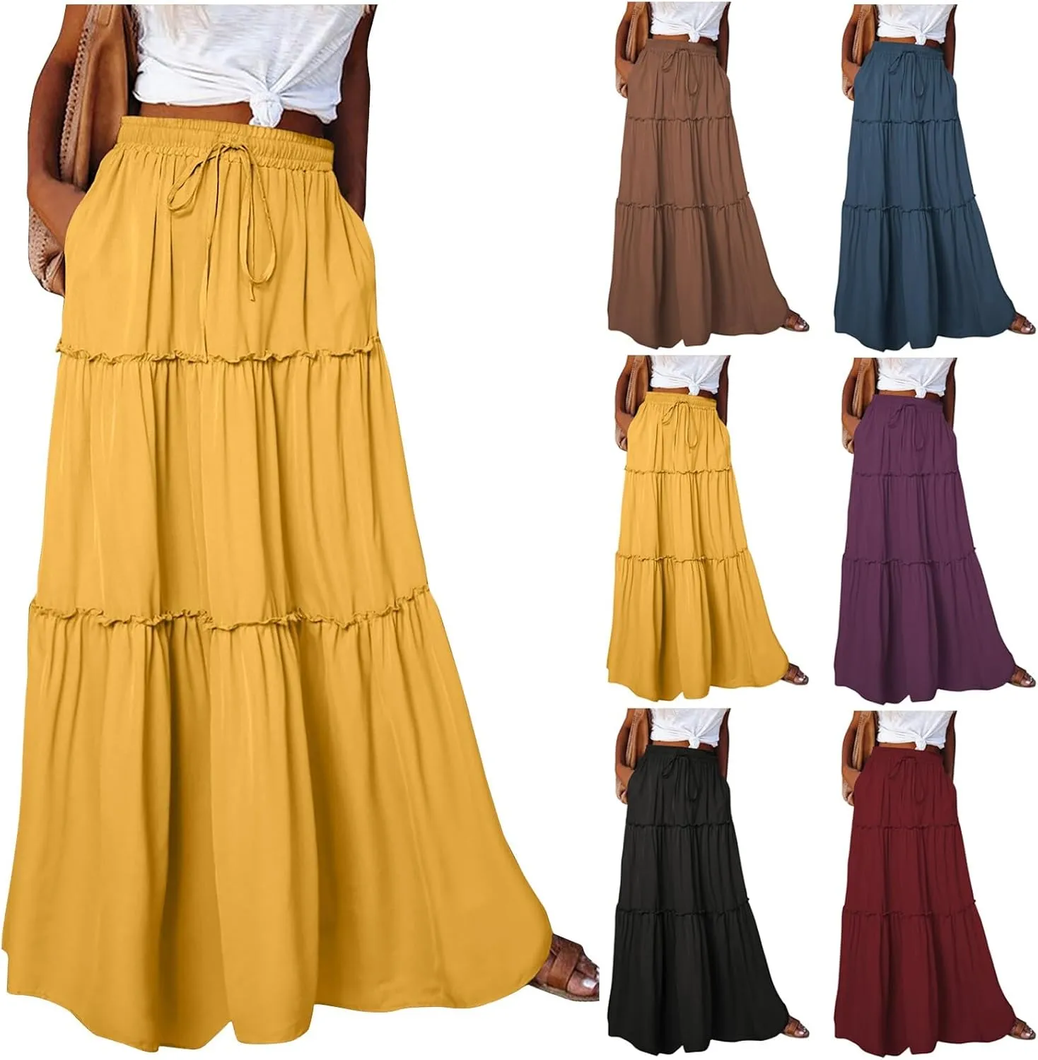 Floral Maxi Skirts for Women Trendy Summer Elastic High Waisted Long Skirts Tiered Flowy Swing A Line Skirt w/Pockets
