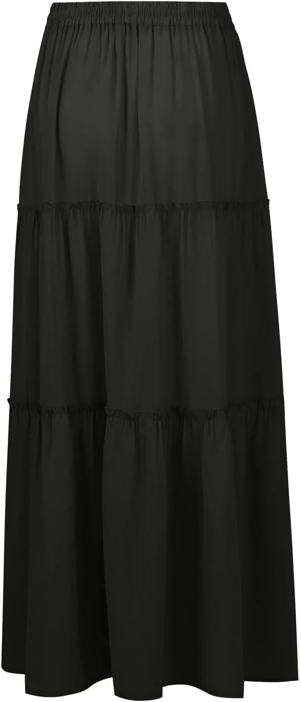 Floral Maxi Skirts for Women Trendy Summer Elastic High Waisted Long Skirts Tiered Flowy Swing A Line Skirt w/Pockets