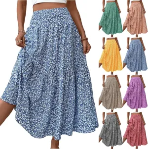 Floral Skirts for Women 2025 Spring Summer Trendy Elastic Waist Maxi Skirts Flowy Bohemian Ruffle Skirt with Pockets