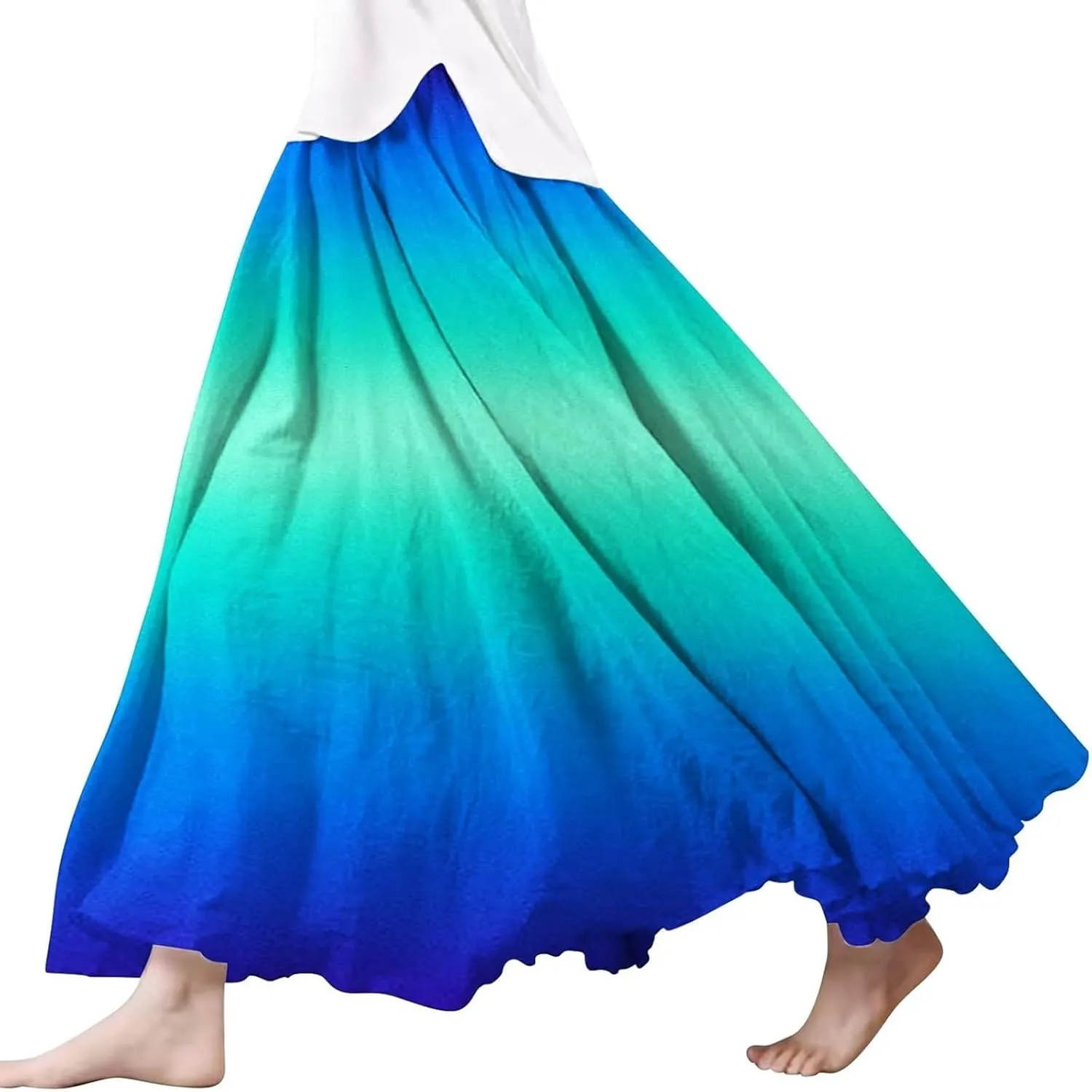 Flowy Maxi Skirts for Women Boho Beach Vacation Gradient Color Elastic Waist Linen A Line Long Skirt Swing Dress