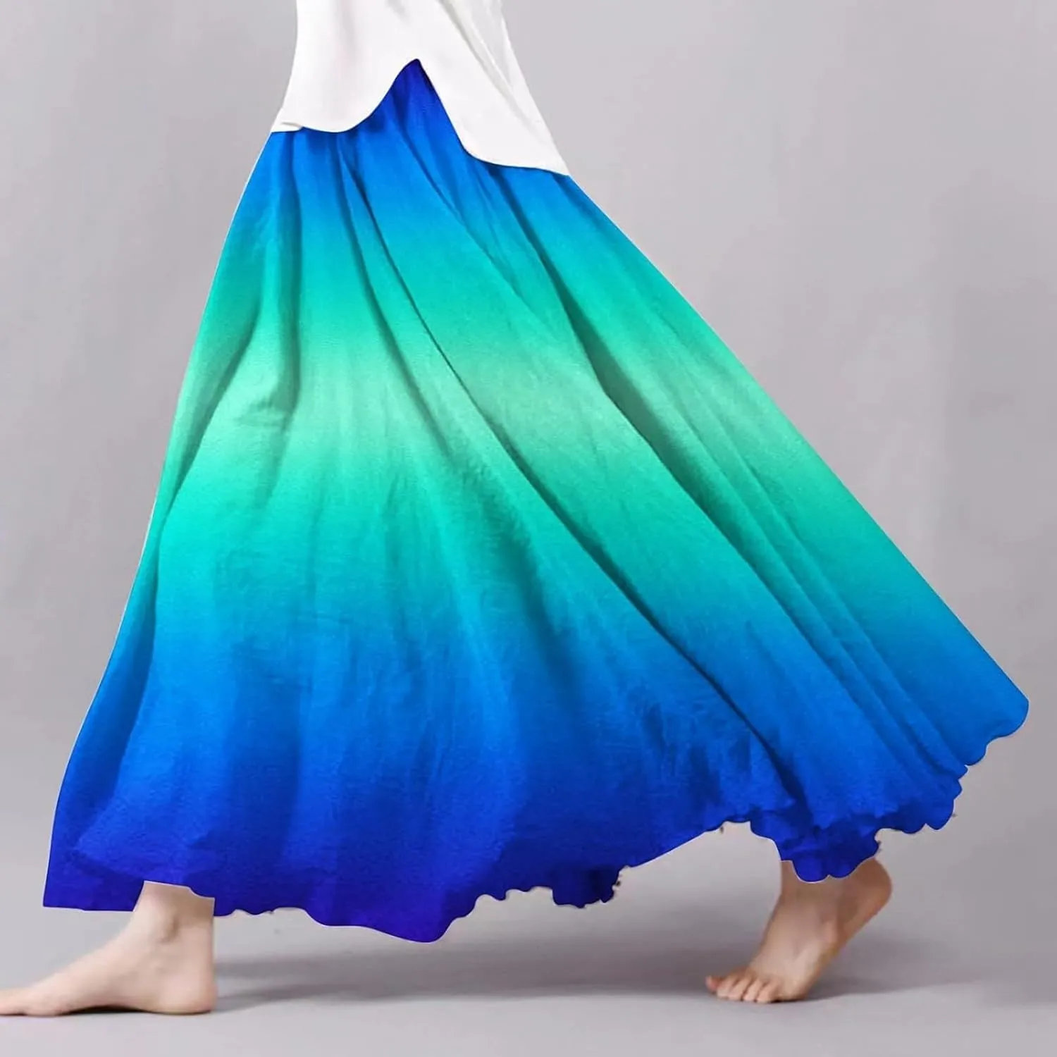 Flowy Maxi Skirts for Women Boho Beach Vacation Gradient Color Elastic Waist Linen A Line Long Skirt Swing Dress