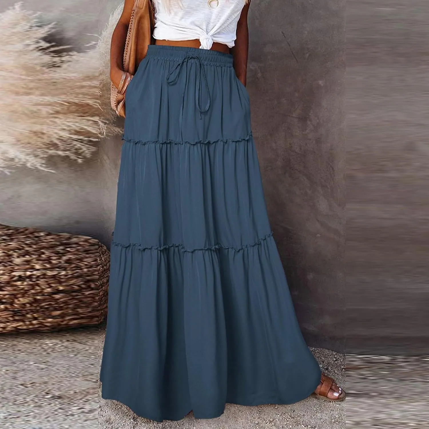 Flowy Maxi Skirts for Women High Waisted Tiered Long Skirt Ladies Soft Drawstring Casual Ruffle Skirts
