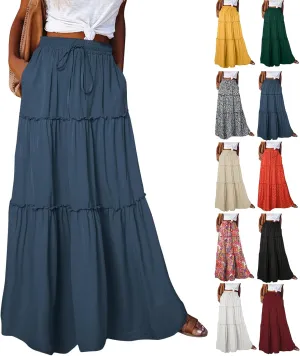 Flowy Maxi Skirts for Women High Waisted Tiered Long Skirt Ladies Soft Drawstring Casual Ruffle Skirts