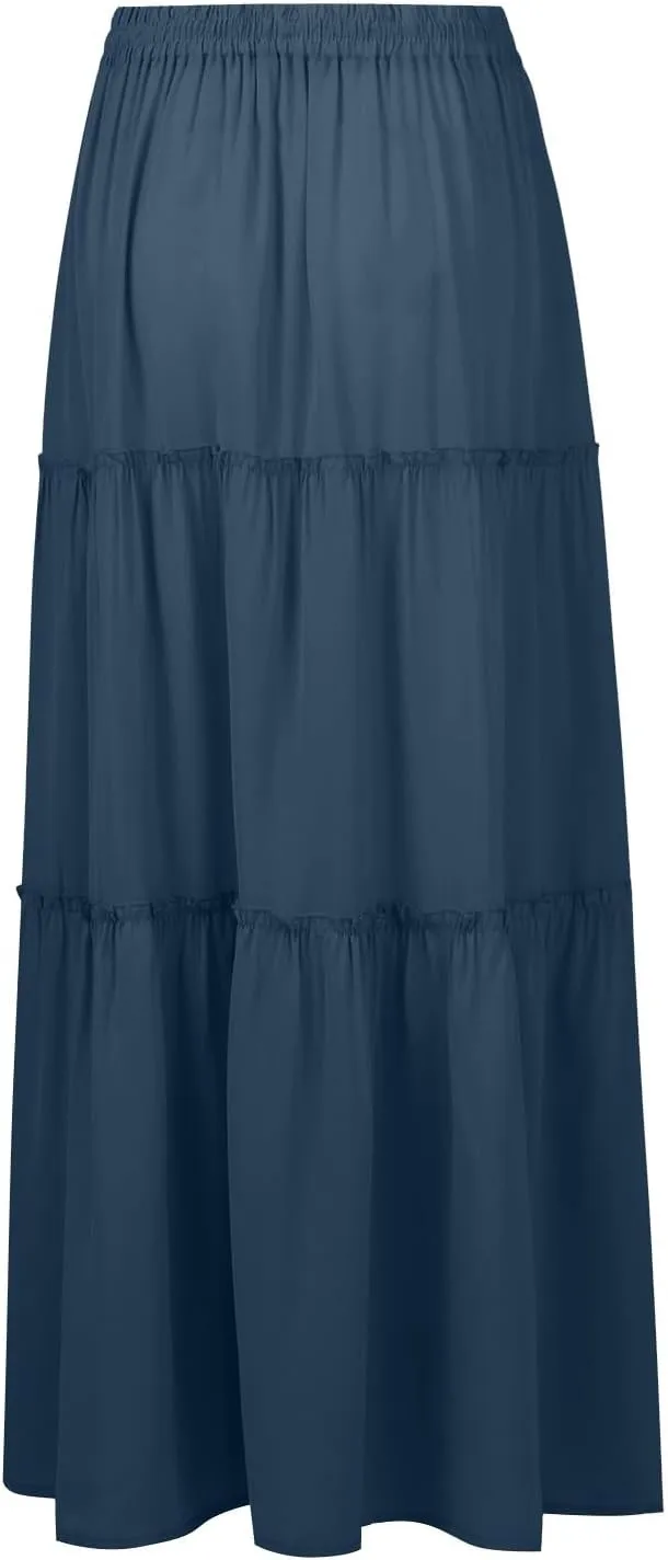 Flowy Maxi Skirts for Women High Waisted Tiered Long Skirt Ladies Soft Drawstring Casual Ruffle Skirts