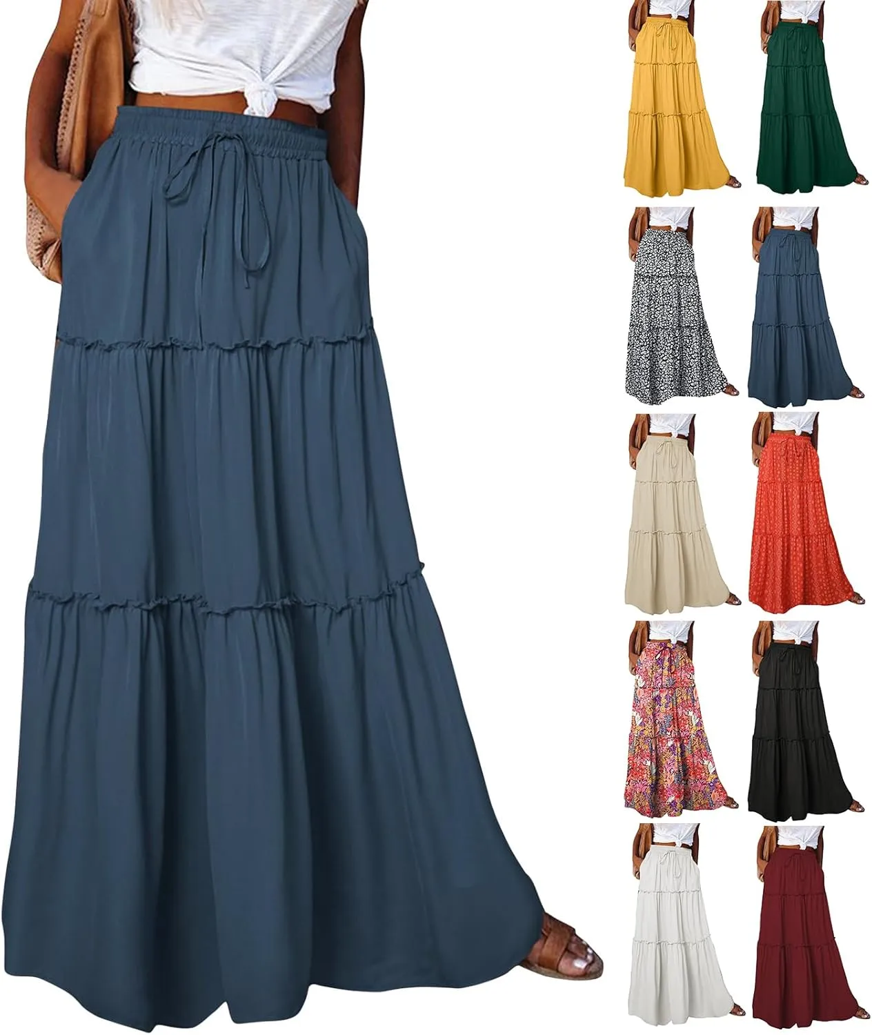Flowy Maxi Skirts for Women High Waisted Tiered Long Skirt Ladies Soft Drawstring Casual Ruffle Skirts