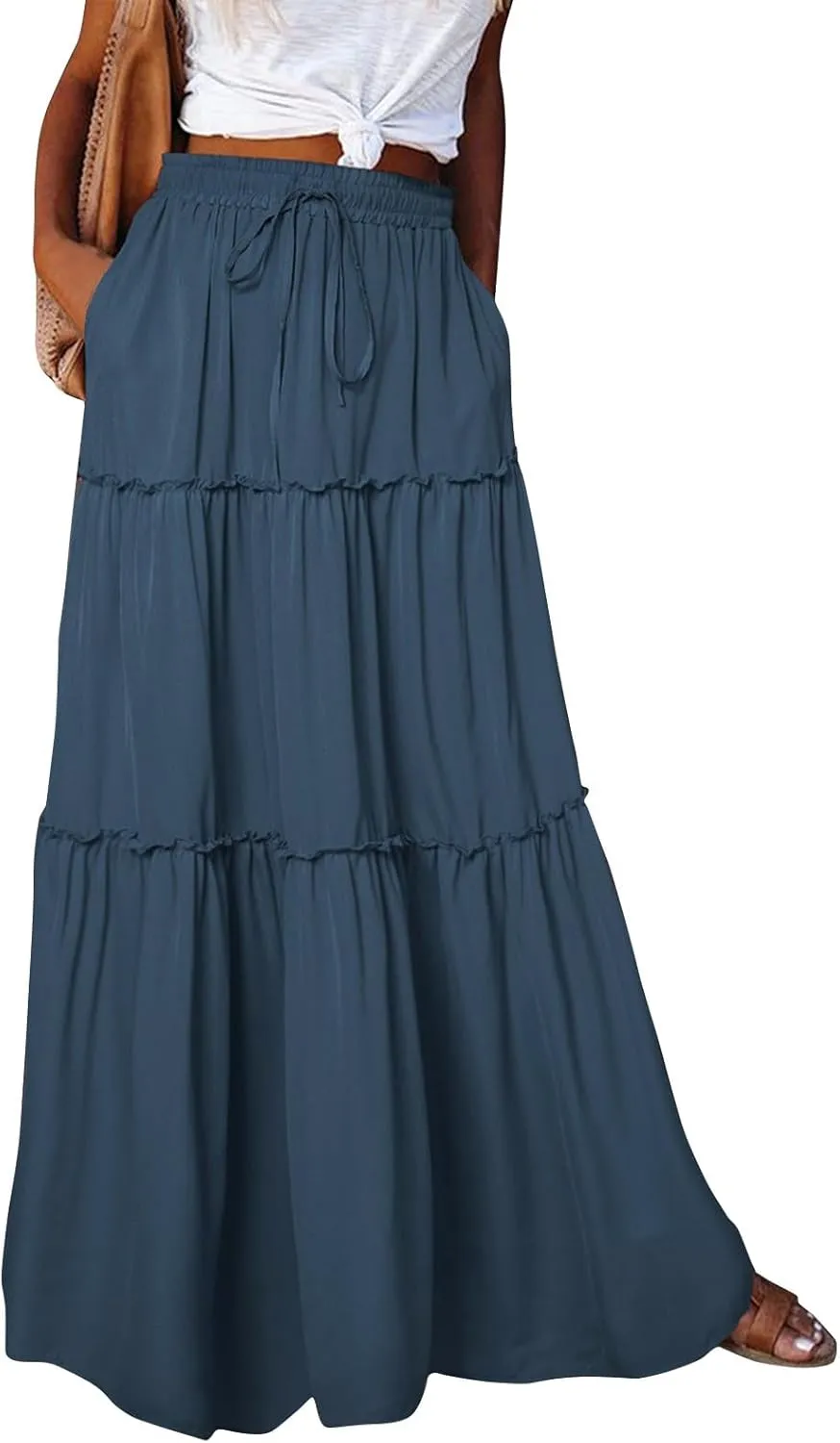 Flowy Maxi Skirts for Women High Waisted Tiered Long Skirt Ladies Soft Drawstring Casual Ruffle Skirts
