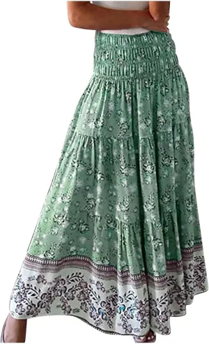 Flowy Maxi Skirts for Women Summer Drawstring Elastic A Line Skirt Business Tiered Pleated Skirt Long