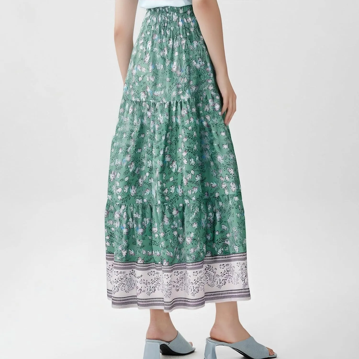 Flowy Maxi Skirts for Women Summer Drawstring Elastic A Line Skirt Business Tiered Pleated Skirt Long