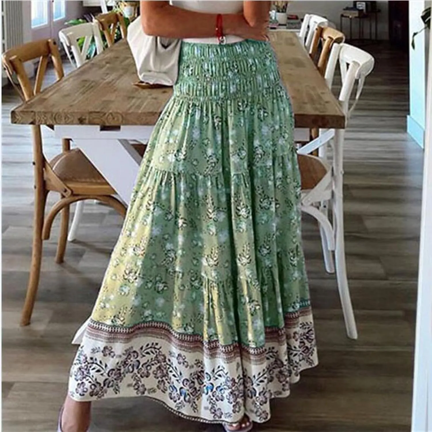 Flowy Maxi Skirts for Women Summer Drawstring Elastic A Line Skirt Business Tiered Pleated Skirt Long