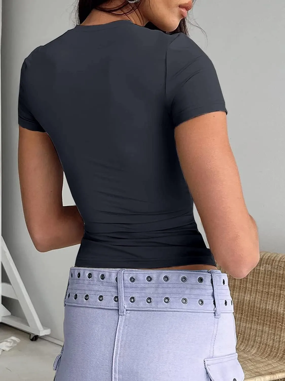 ForeFair Women Cauasl Basic Going Out Tops Short Sleeve Solid Slim Fit Crewneck Summer Y2k T Shirts