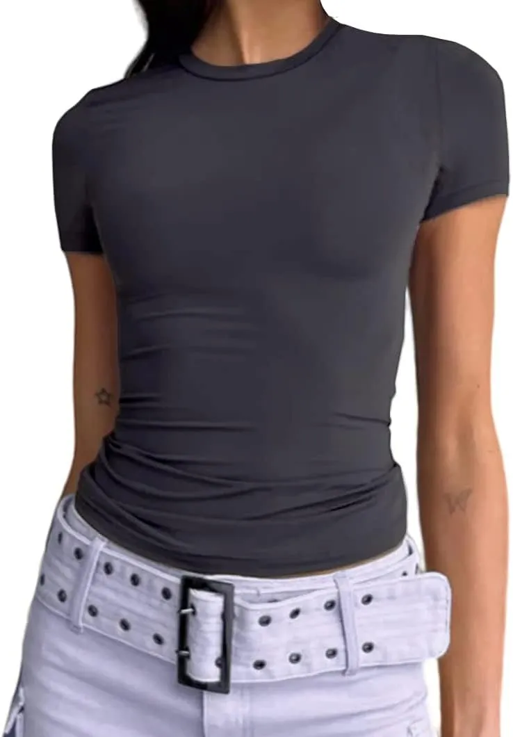 ForeFair Women Cauasl Basic Going Out Tops Short Sleeve Solid Slim Fit Crewneck Summer Y2k T Shirts