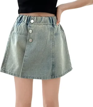 Girl's Button Front Denim Skirt Kids High Waisted Symmetrical Jean Skirts Casual Waist Leg Skort for Teens Shorts