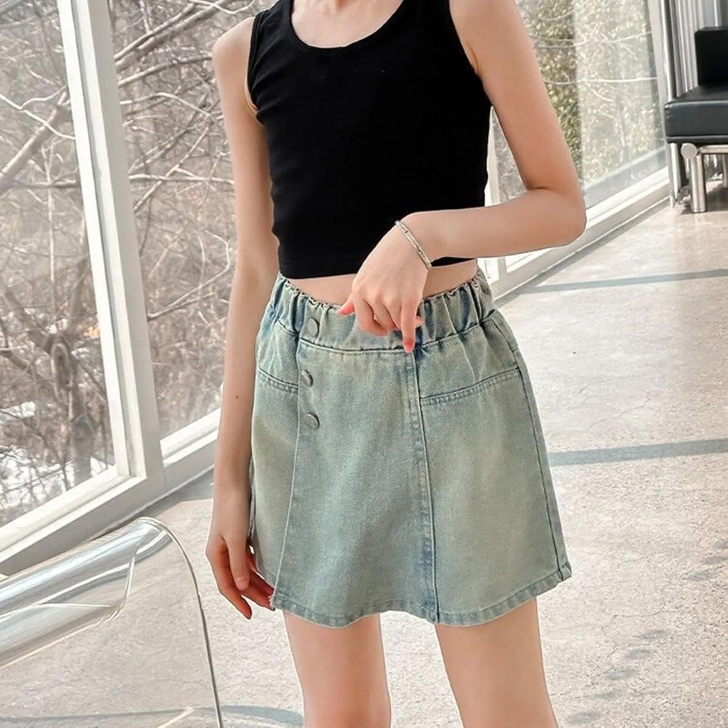 Girl's Button Front Denim Skirt Kids High Waisted Symmetrical Jean Skirts Casual Waist Leg Skort for Teens Shorts