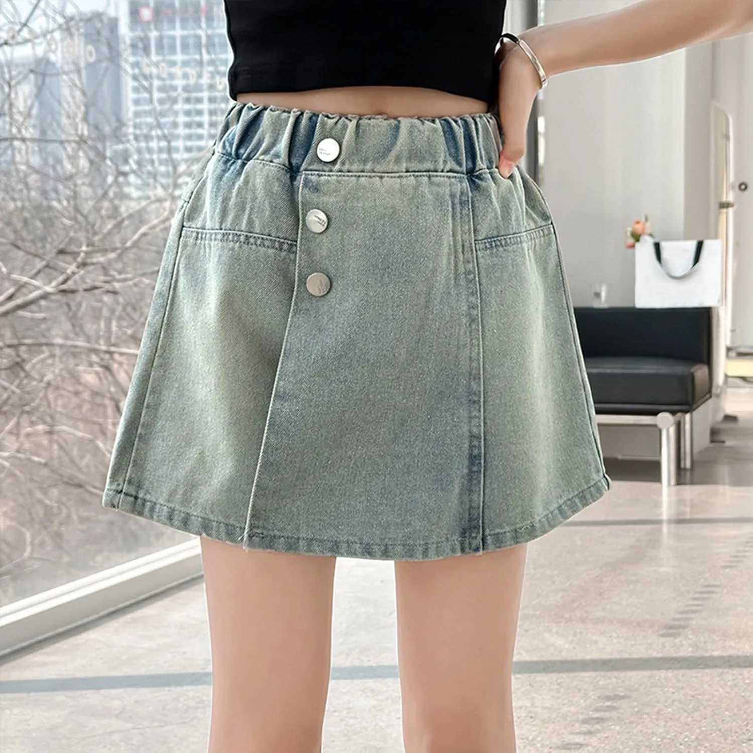 Girl's Button Front Denim Skirt Kids High Waisted Symmetrical Jean Skirts Casual Waist Leg Skort for Teens Shorts