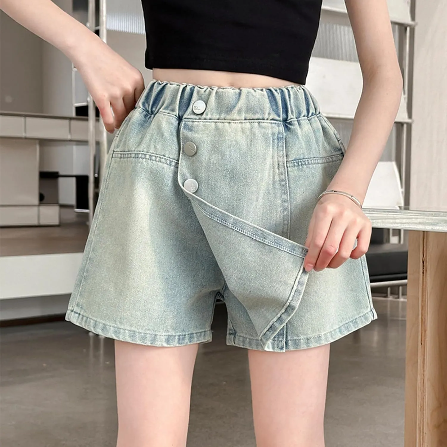 Girl's Button Front Denim Skirt Kids High Waisted Symmetrical Jean Skirts Casual Waist Leg Skort for Teens Shorts