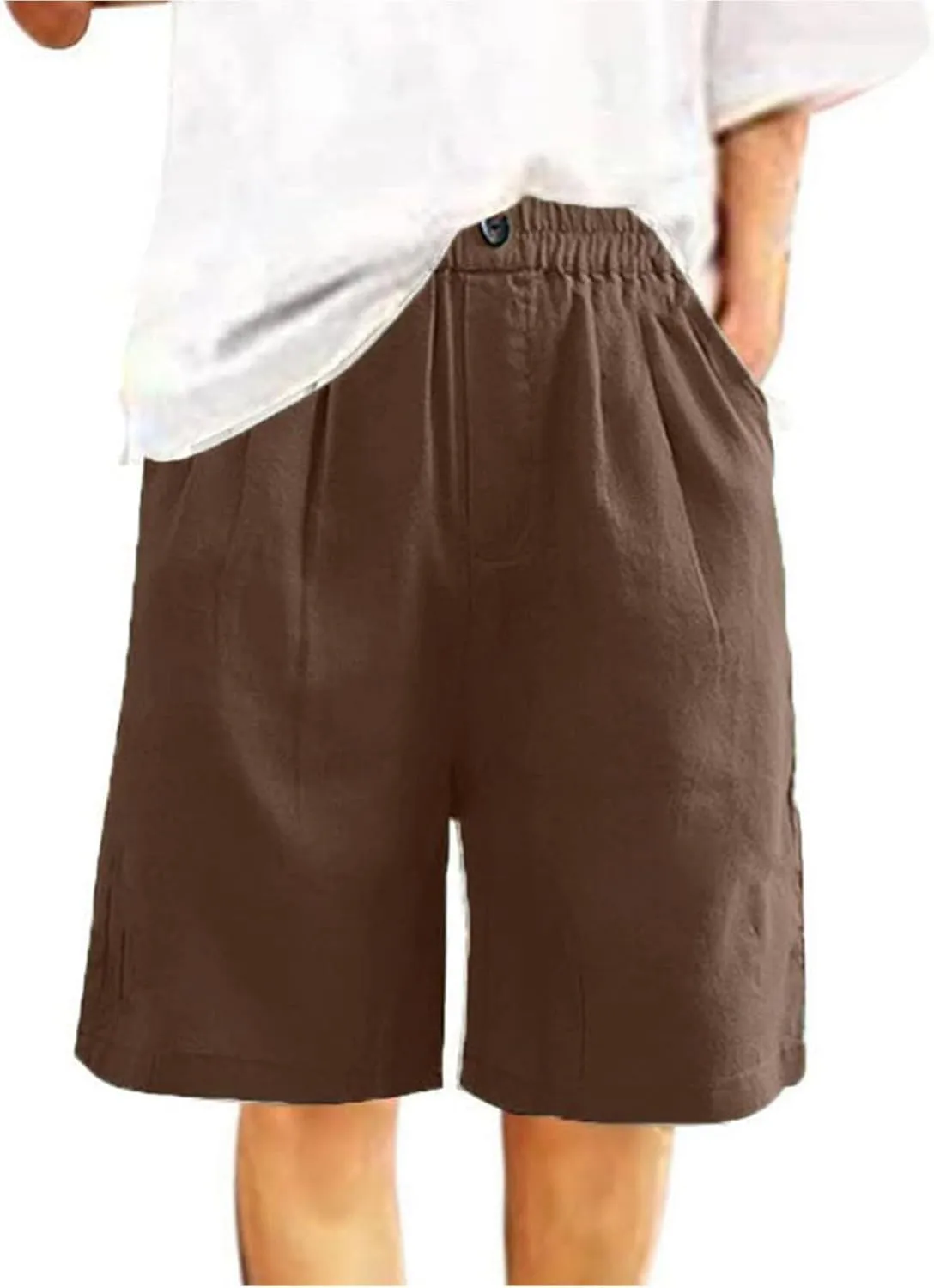 GOFULY Bermuda Shorts for Women Knee Length High Rise Cotton Linen Shorts Elastic Waist Button Half Pants with Pockets
