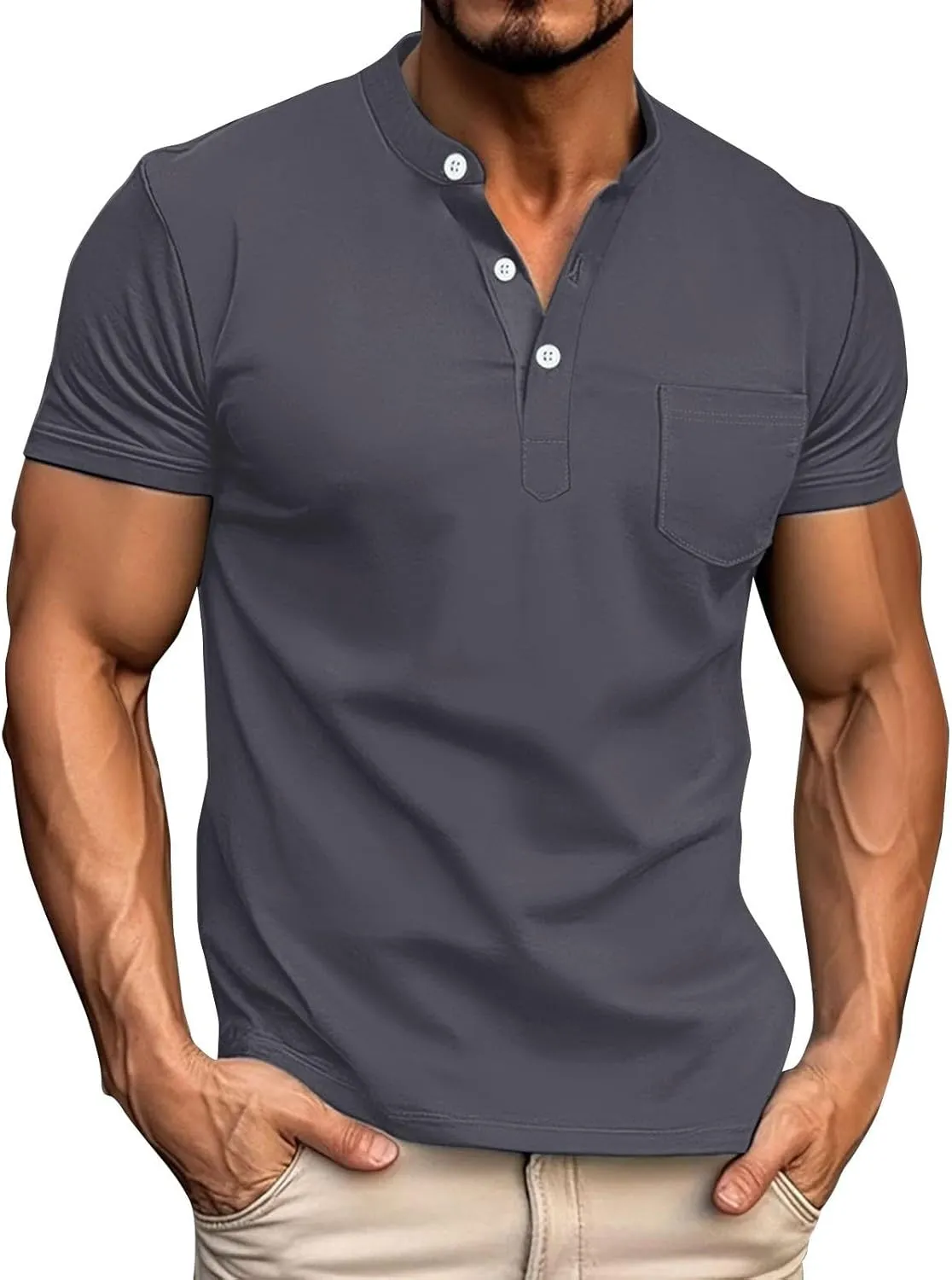Henley Shirts for Men Short Sleeve Casual Slim Fit Button Up Tees Comfy Basic Cotton T-Shirts Summer Lightweight Tops