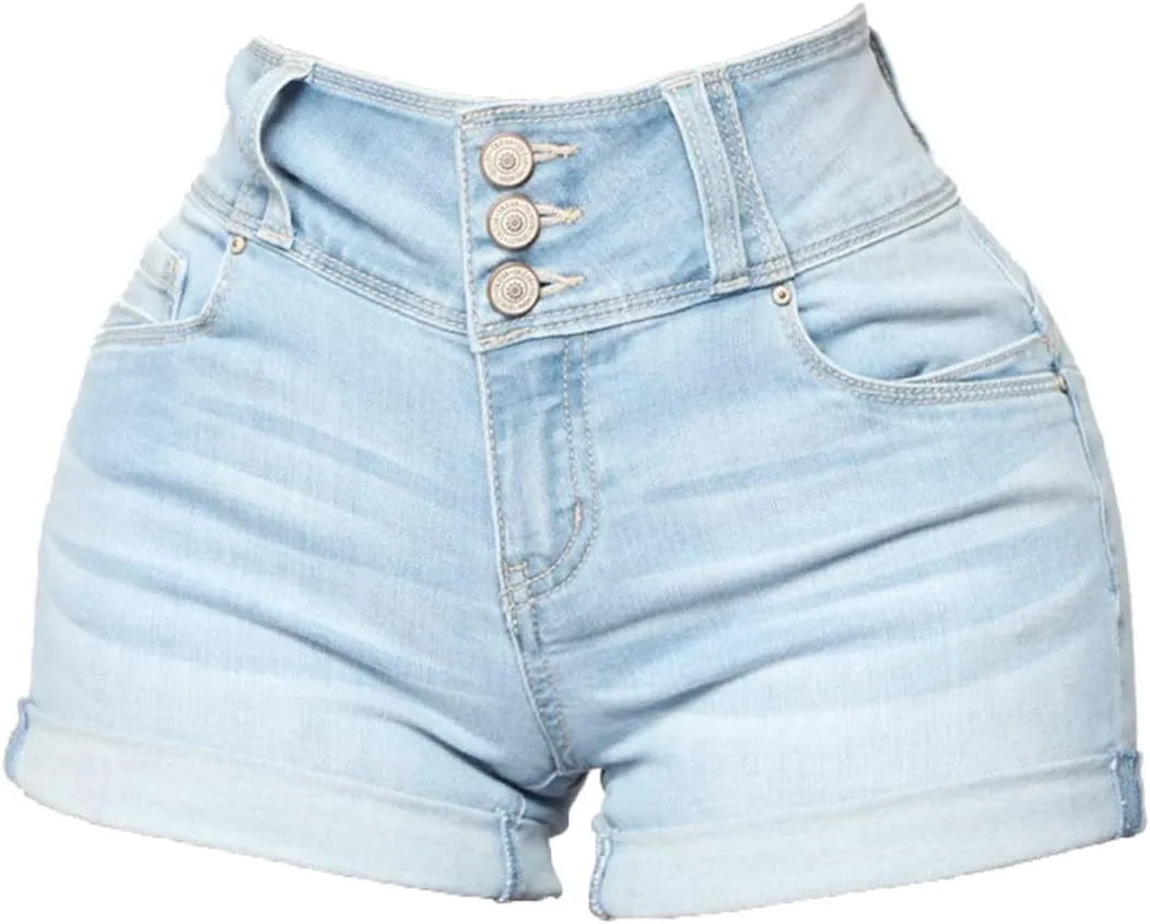 High Waisted Denim Shorts for Women Butt Lift Skinny Stretch Jeans Summer Hem Ripped Hot Pants with Pockets