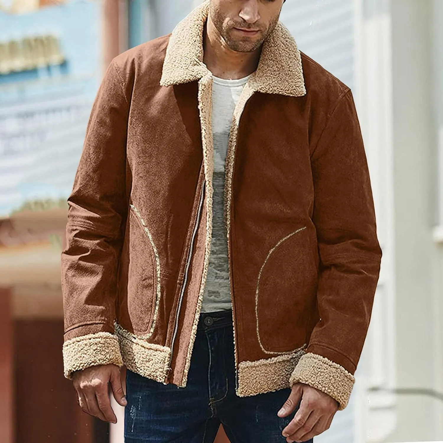 Jackets for Men Vintage Lightweight Suede Bomber Jackets Thicked Sherpa Fleece Lined Retro Varsity Coat Outwear Top