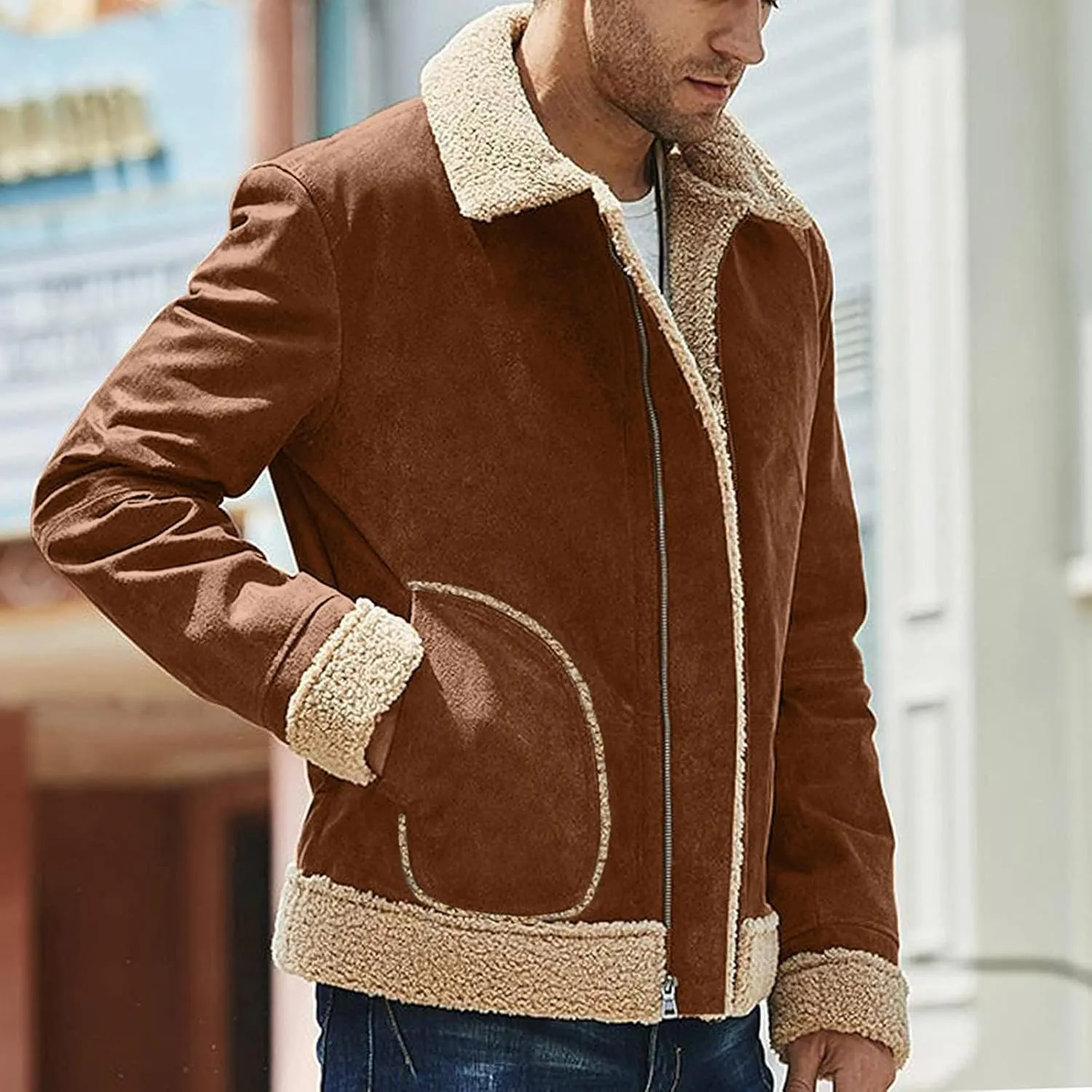 Jackets for Men Vintage Lightweight Suede Bomber Jackets Thicked Sherpa Fleece Lined Retro Varsity Coat Outwear Top