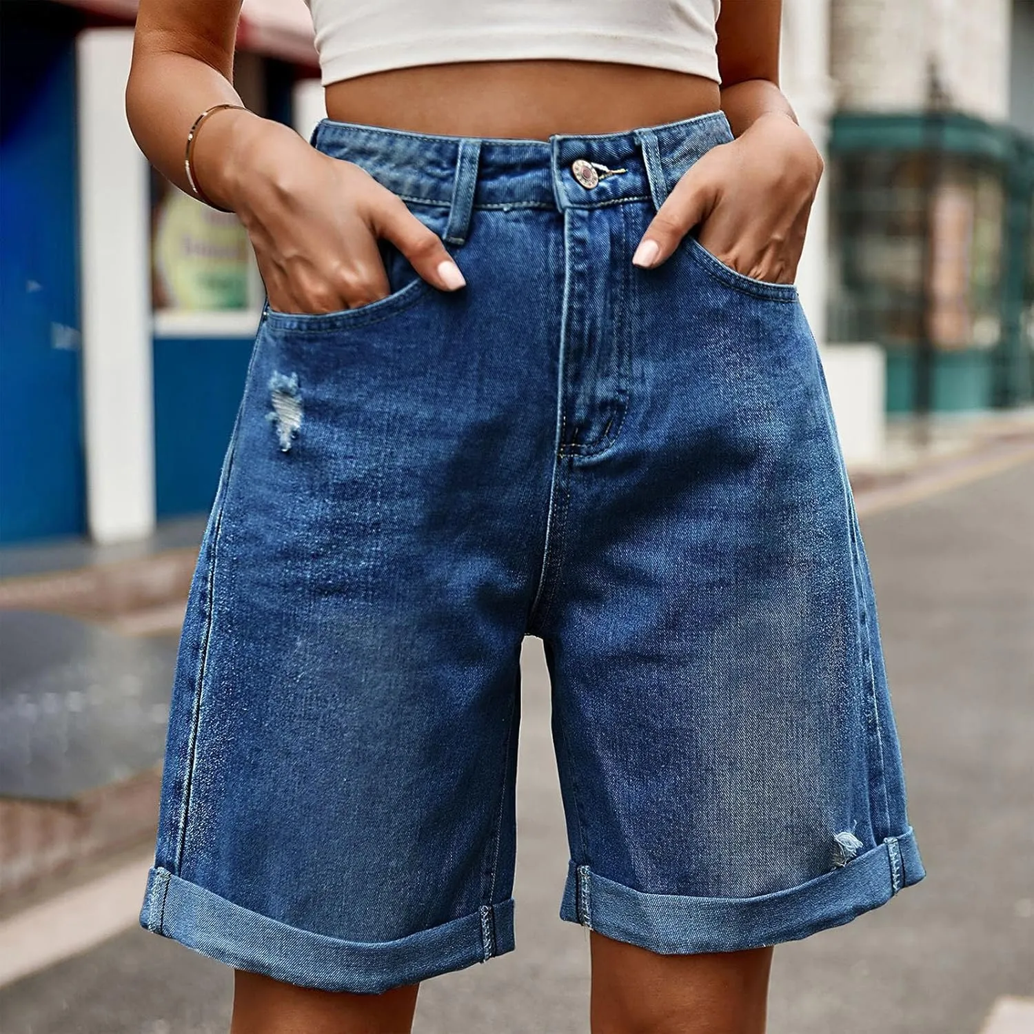 Jean Shorts for Women High Waisted Denim Shorts with Pockets Fashion Ripped Distressed Loose Comfy Jeans Short