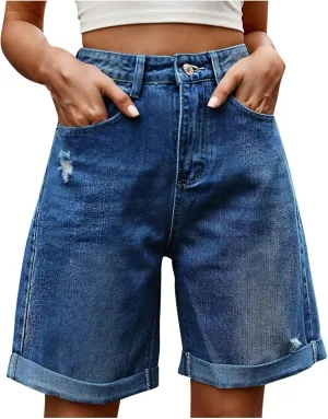 Jean Shorts for Women High Waisted Denim Shorts with Pockets Fashion Ripped Distressed Loose Comfy Jeans Short