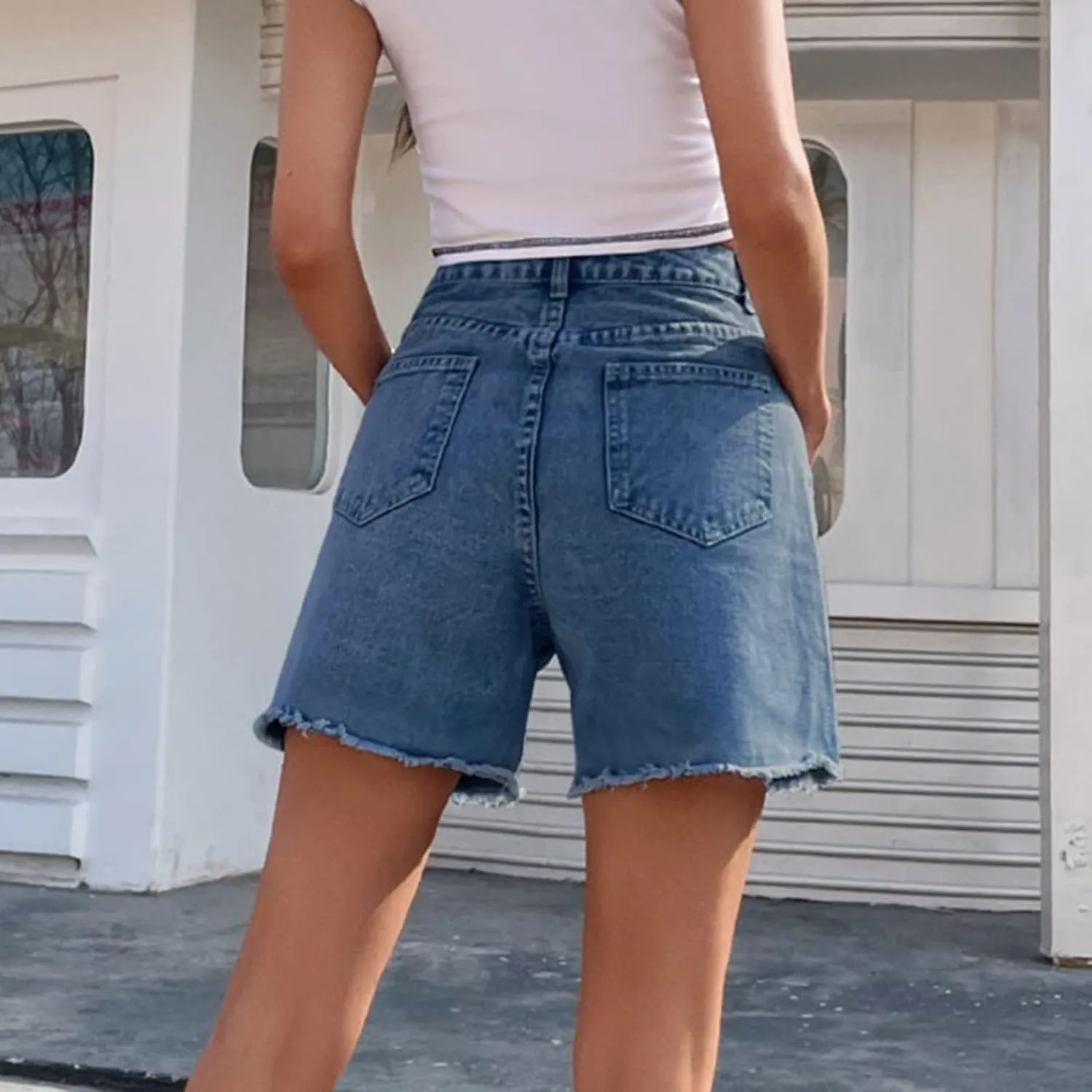 Jean Women Shorts Summer Loose Short Jeans High Waisted Classic Bermuda Shorts Knee Length Casual Short with Pockets