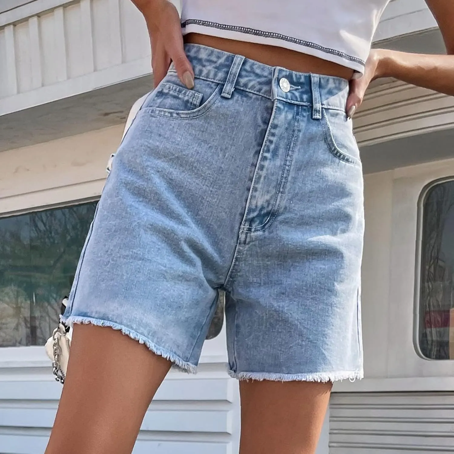 Jean Women Shorts Summer Loose Short Jeans High Waisted Classic Bermuda Shorts Knee Length Casual Short with Pockets