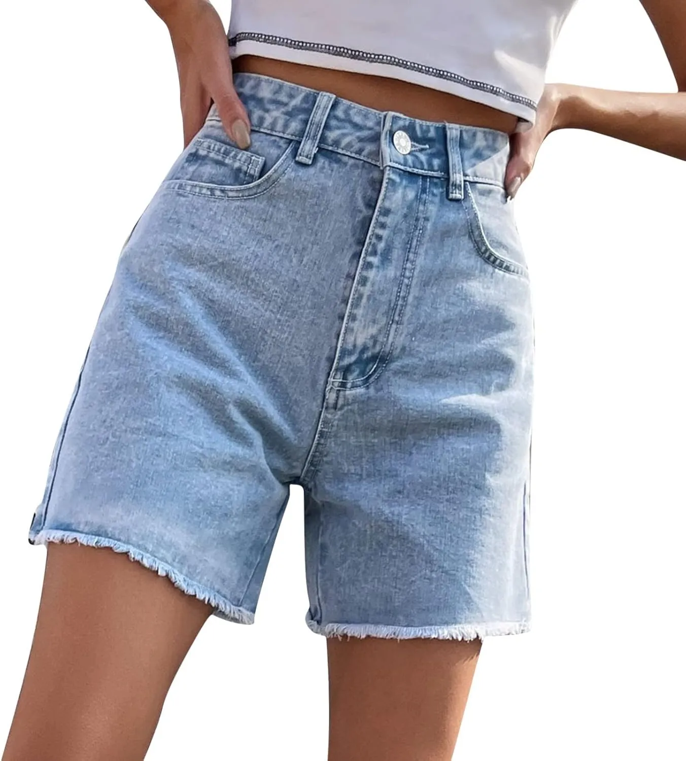 Jean Women Shorts Summer Loose Short Jeans High Waisted Classic Bermuda Shorts Knee Length Casual Short with Pockets