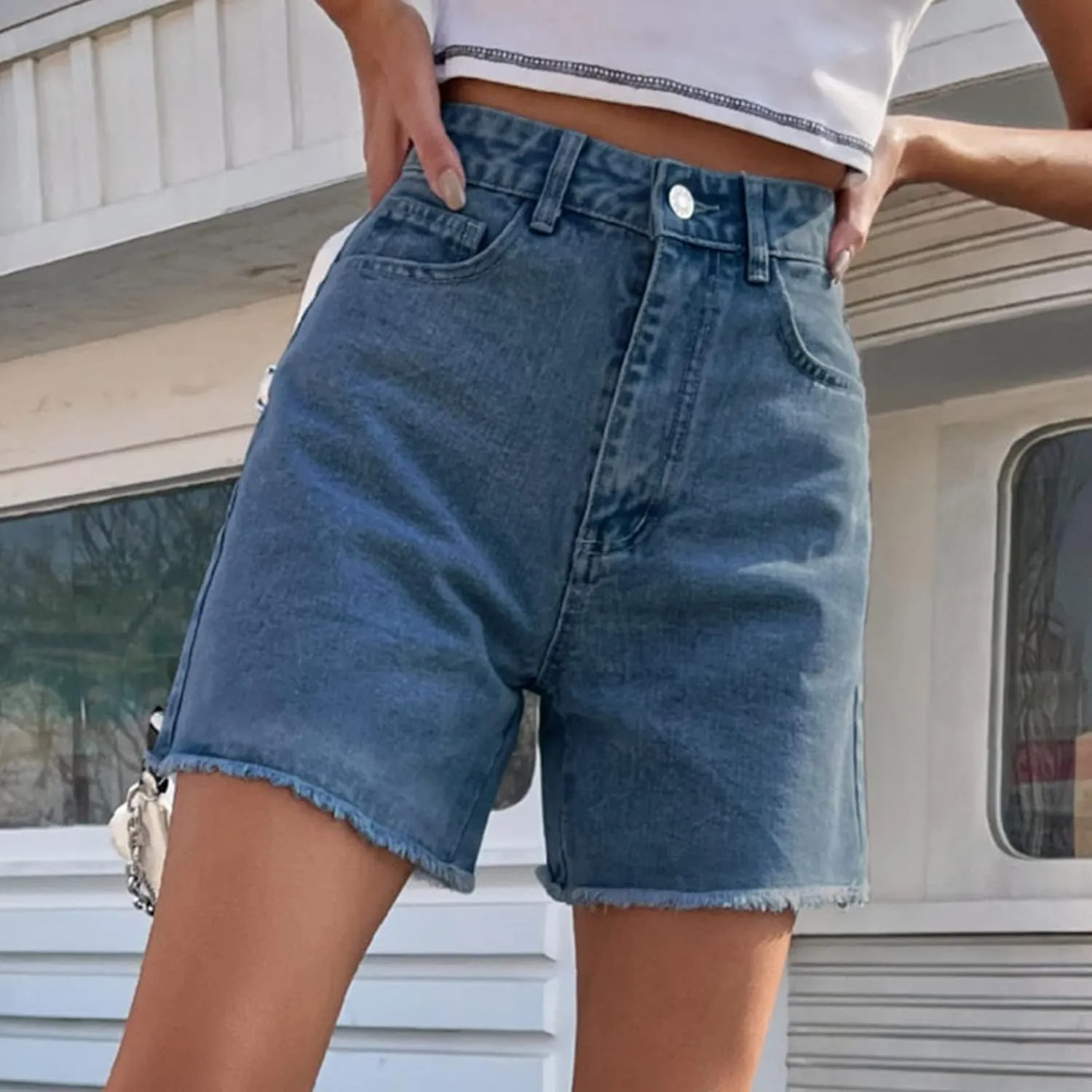 Jean Women Shorts Summer Loose Short Jeans High Waisted Classic Bermuda Shorts Knee Length Casual Short with Pockets