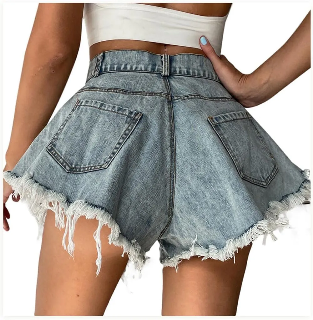 Jeans Shorts for Women High Rise Hollow Out Rave Beach Summer Mini Denim Shorts
