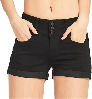 JEKE-DG Women's Solid Color Rolled Hem Denim Shorts Casual Folded Hem Jean Shorts High Waisted Stretchy Jeans Shorts