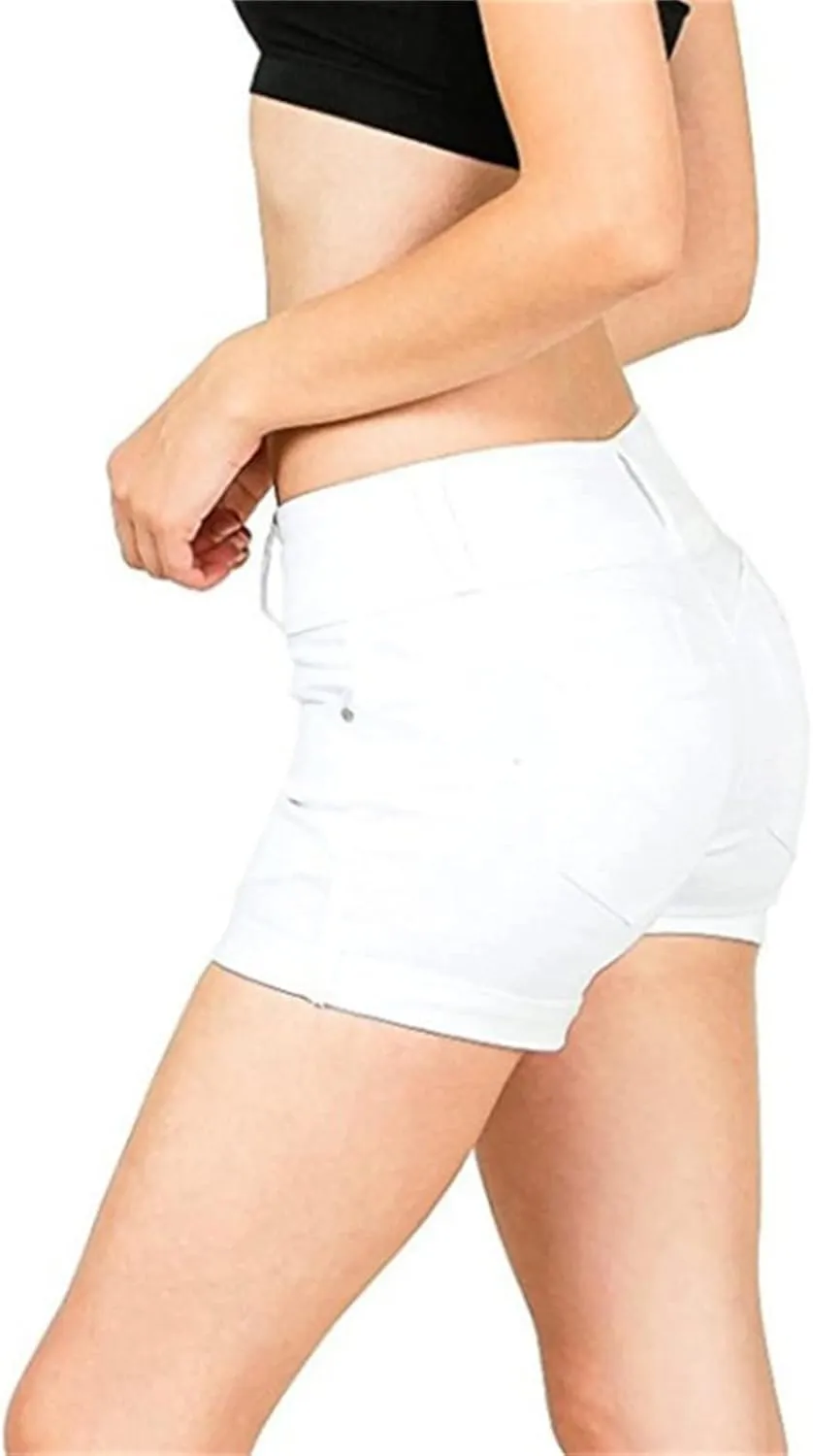 JEKE-DG Women's Solid Color Rolled Hem Denim Shorts Casual Folded Hem Jean Shorts High Waisted Stretchy Jeans Shorts