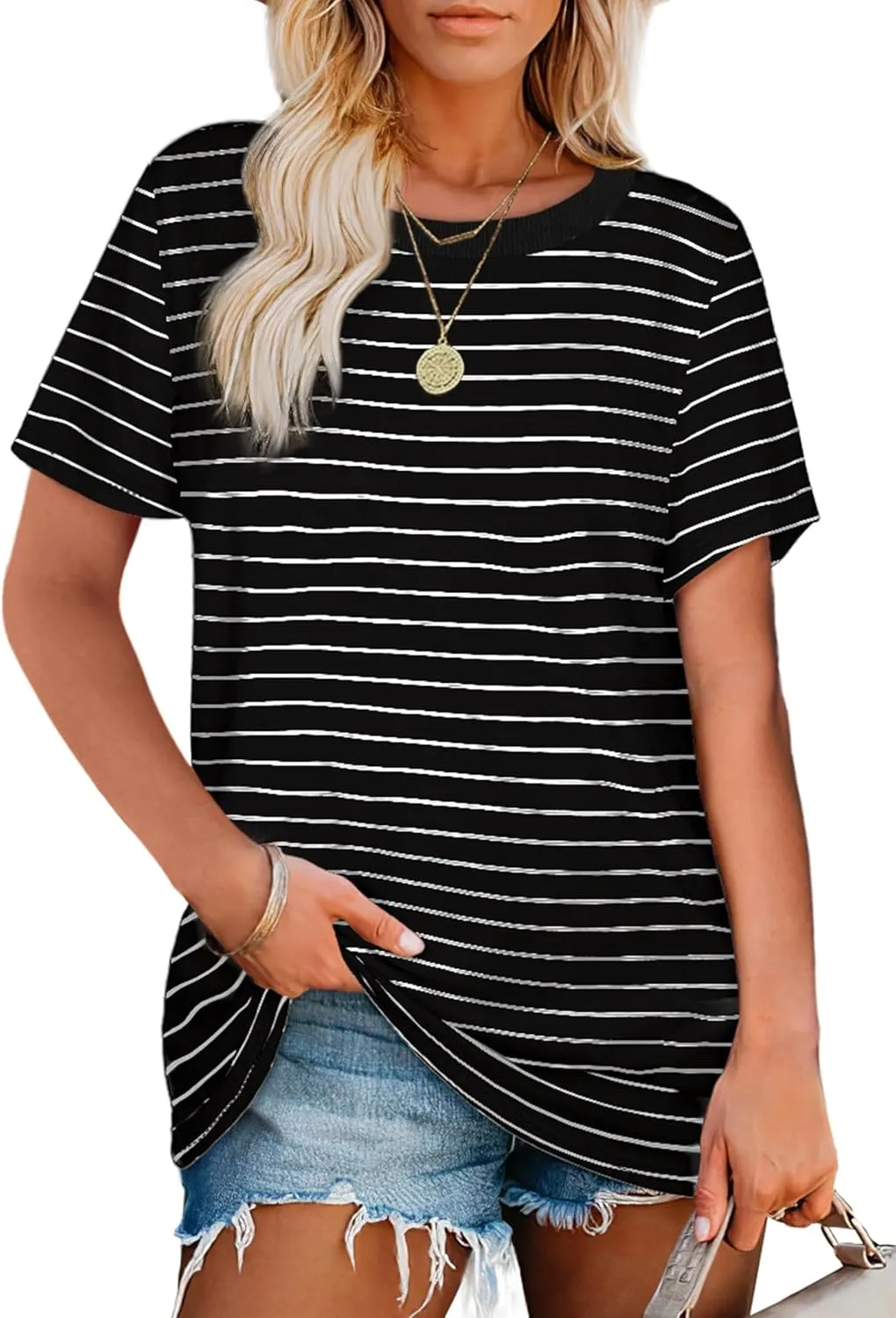 Jescakoo Womens Tops Summer Short Sleeve Ribbed Trim Crewneck T Shirts Fashion Basic Tee