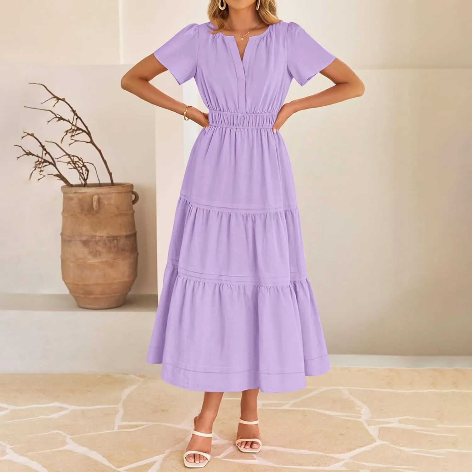 JOAU Women's 2025 Summer Boho Maxi Dress Notched V Neck Short Sleeve Flowy A Line Tiered Ruffle Beach Vacation Long Dresses